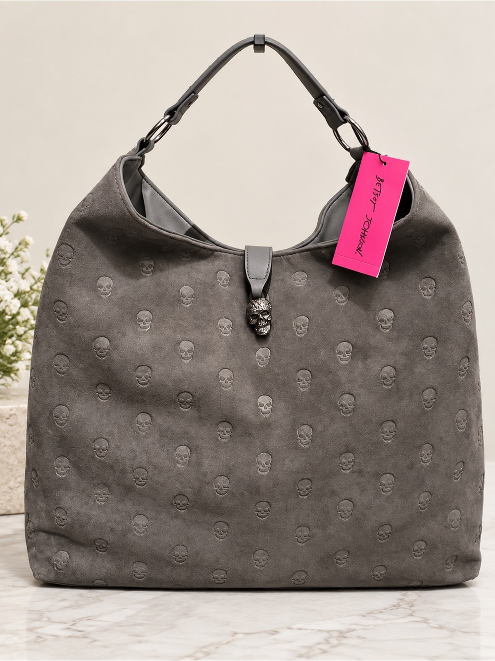 Betsey Johnson - Gray Faux Suede Skull Shoulder